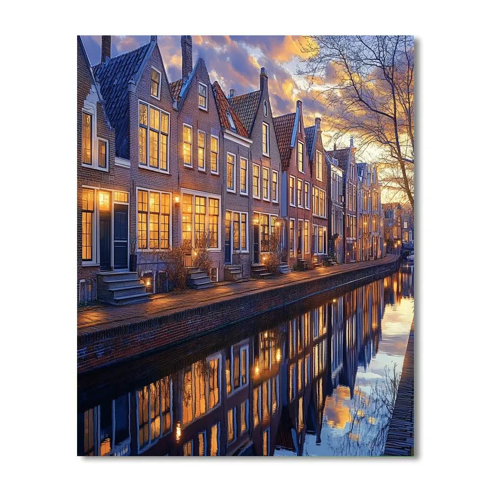 Johannes Vermeer Inspired Golden Evening Over Delft Canal Houses Numbered painting kits
