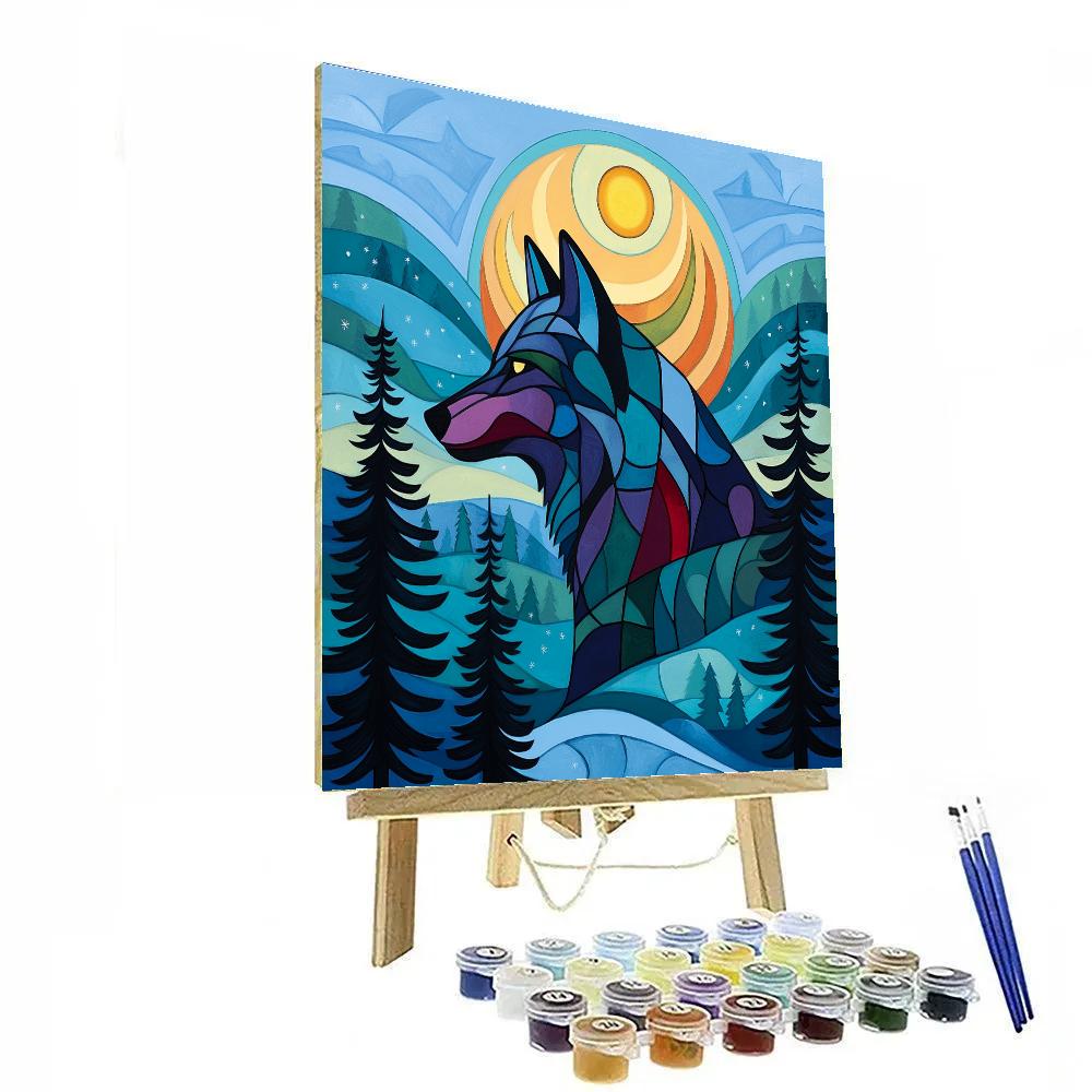 Norval Morrisseau Inspired Wolf Moon Over Northern Pines paint by color