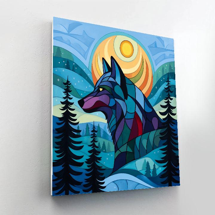 Norval Morrisseau Inspired Wolf Moon Over Northern Pines paint by color