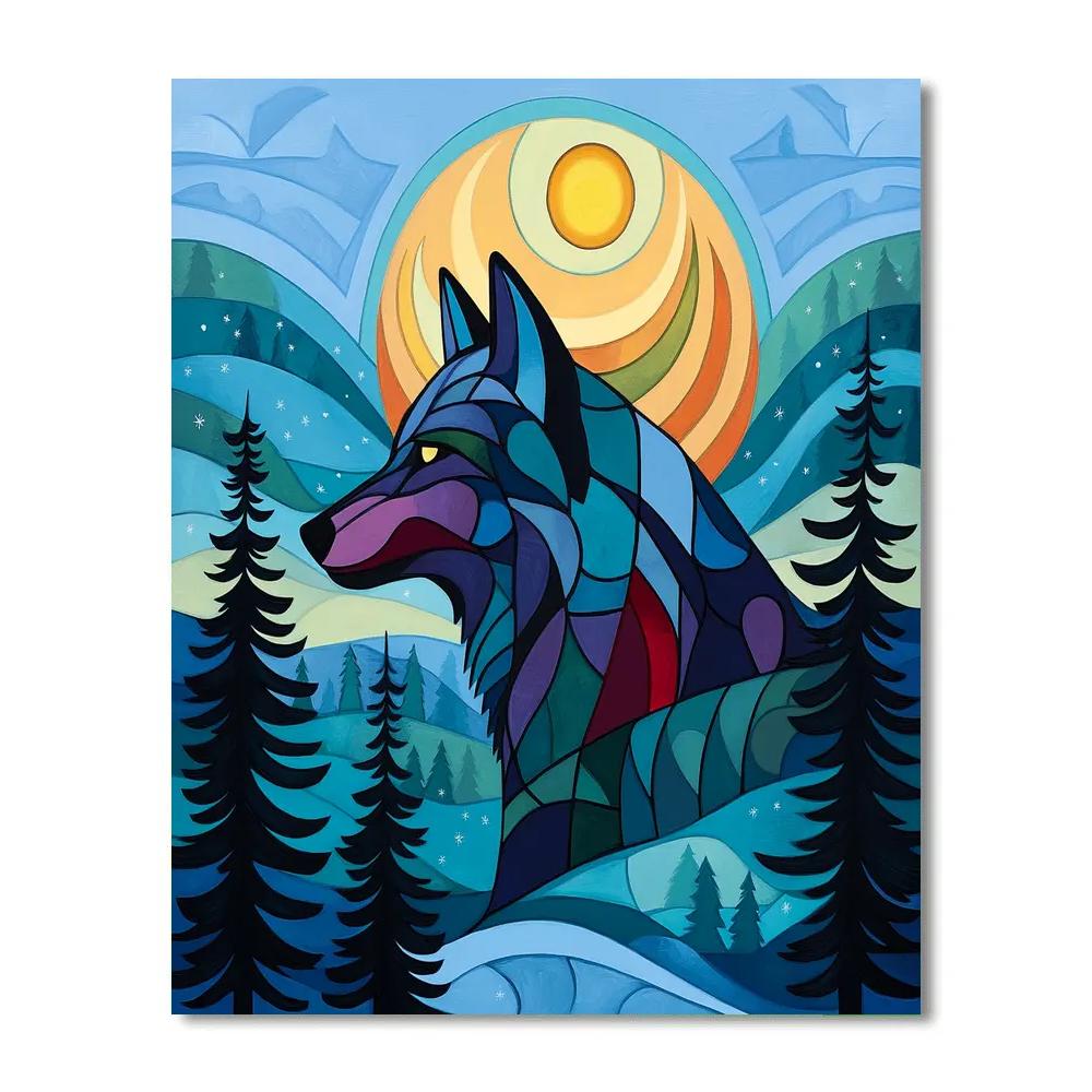 Norval Morrisseau Inspired Wolf Moon Over Northern Pines paint by color