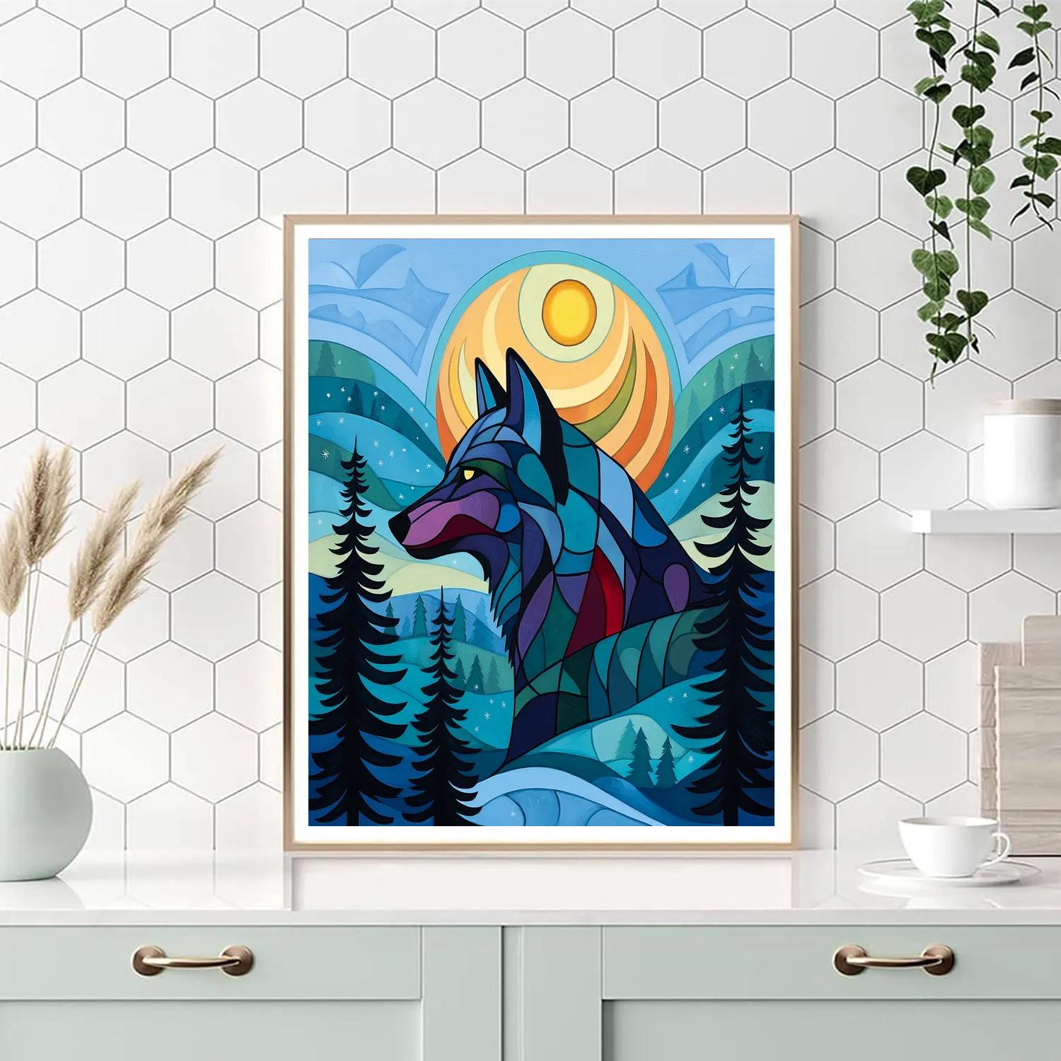 Norval Morrisseau Inspired Wolf Moon Over Northern Pines paint by color