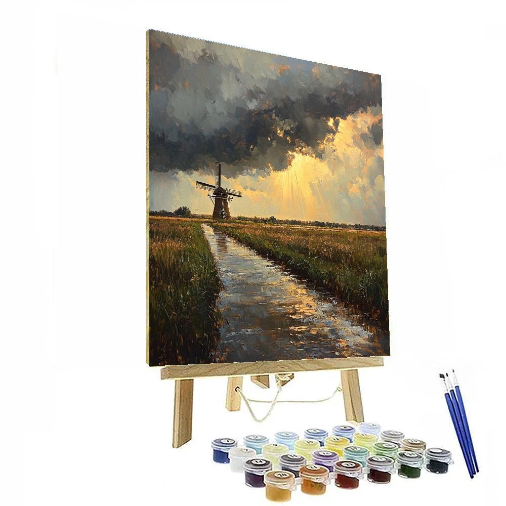 Rembrandt Inspired Storm Break Over Distant Windmill paint by number