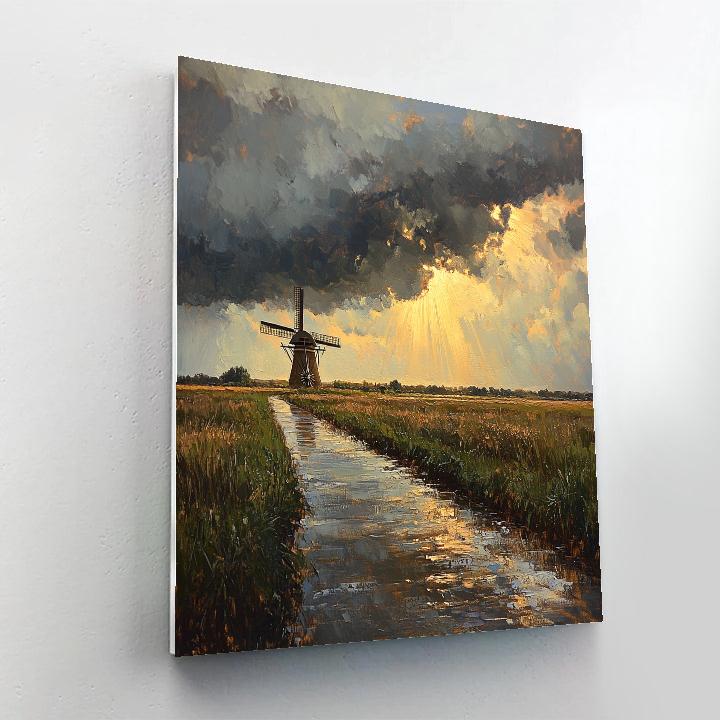 Rembrandt Inspired Storm Break Over Distant Windmill paint by number