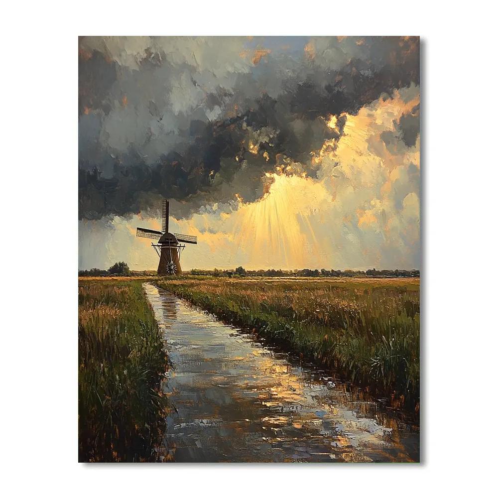 Rembrandt Inspired Storm Break Over Distant Windmill paint by number