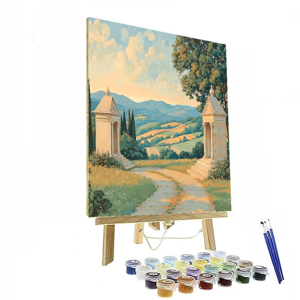 Raphael Inspired Symmetrical Hillside With Twin Classical Shrines Painting by numbers kit