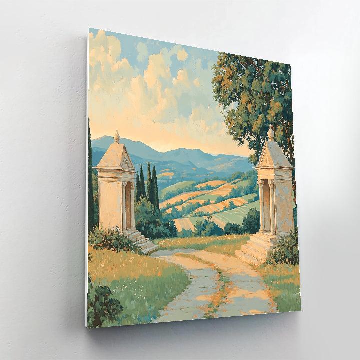 Raphael Inspired Symmetrical Hillside With Twin Classical Shrines Painting by numbers kit