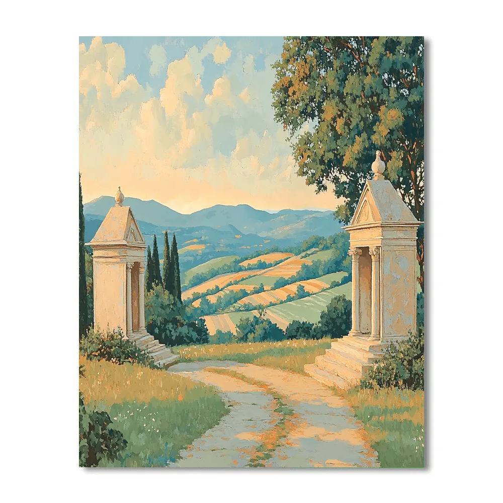 Raphael Inspired Symmetrical Hillside With Twin Classical Shrines Painting by numbers kit