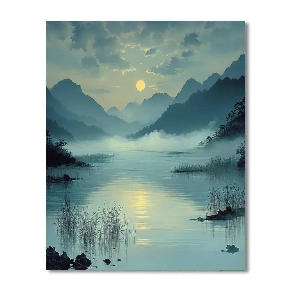 Hiroshige Inspired Moonlit River Mists paint by color