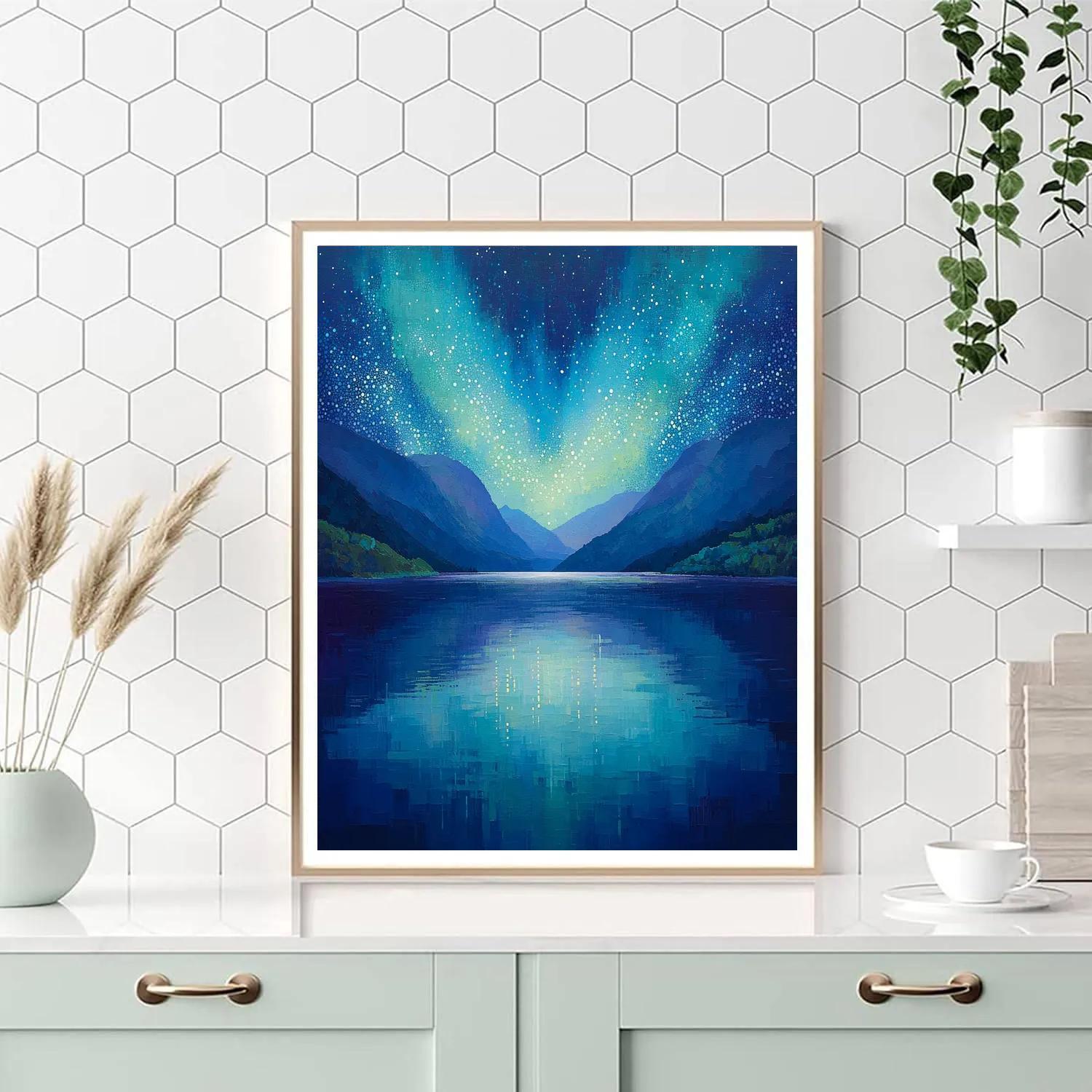 Georges Seurat Inspired Aurora Veil Over Silent Lake Paint by numbers art