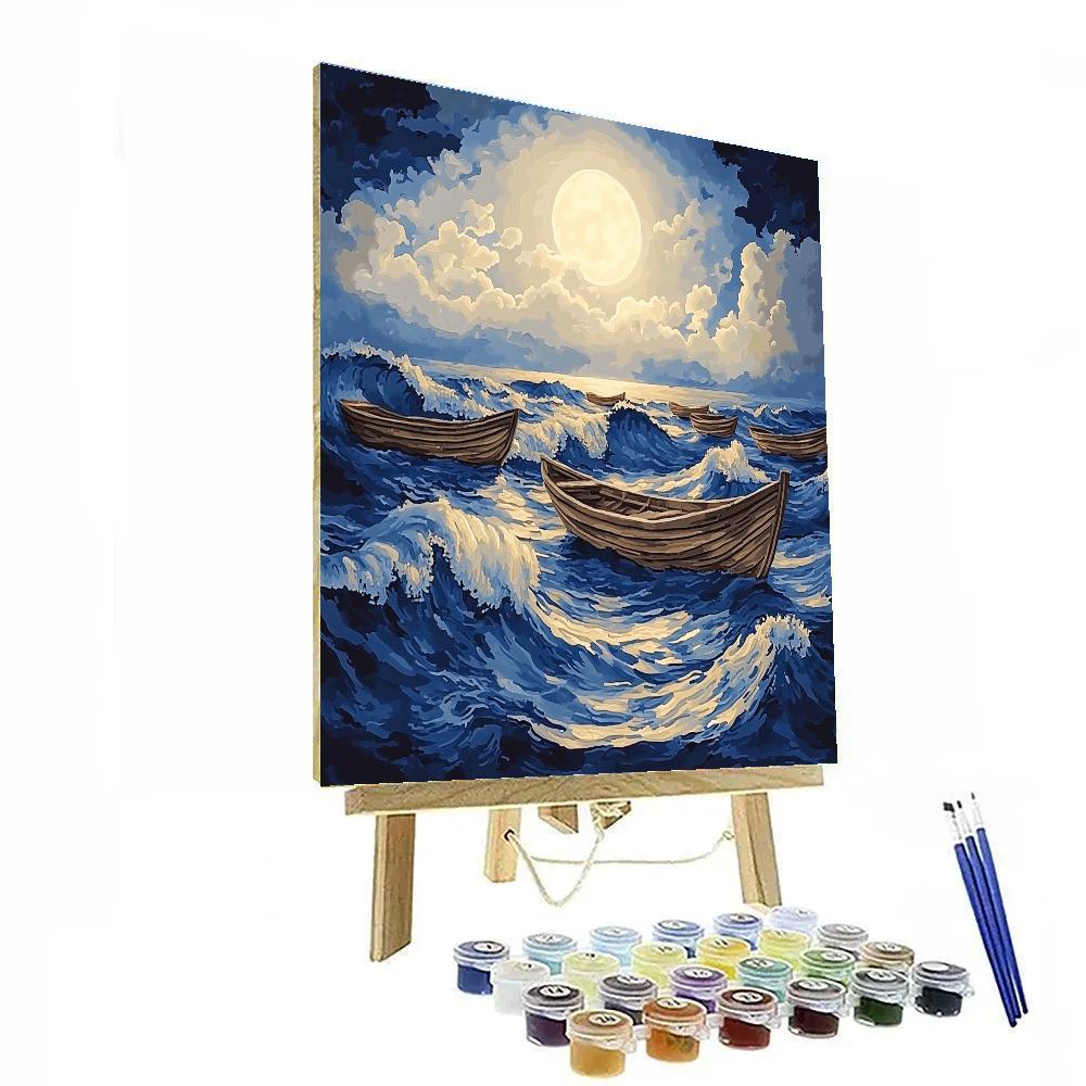 Hokusai Inspired Moonlit Fishing Boats Numbered painting kits