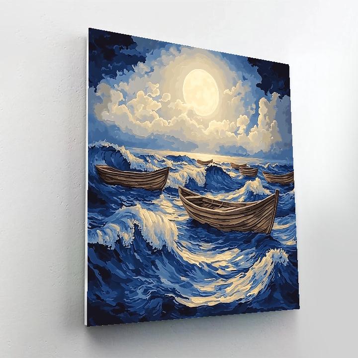 Hokusai Inspired Moonlit Fishing Boats Numbered painting kits