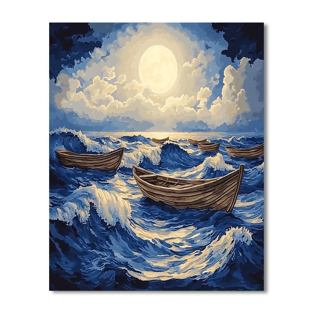 Hokusai Inspired Moonlit Fishing Boats Numbered painting kits