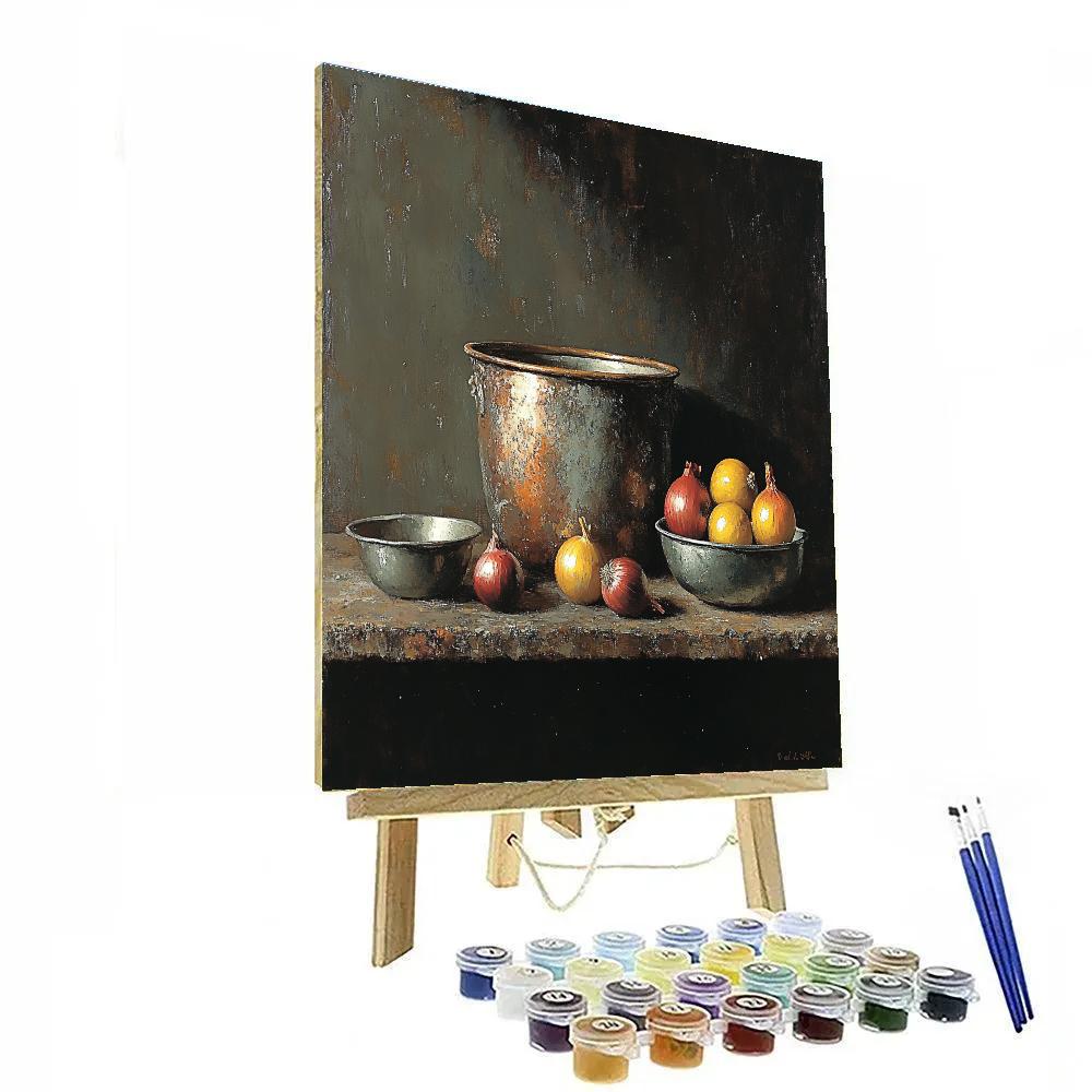 Diego Velázquez Inspired Copper Pot And Onions In Atmospheric Shadow painting number kit