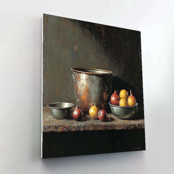 Diego Velázquez Inspired Copper Pot And Onions In Atmospheric Shadow painting number kit