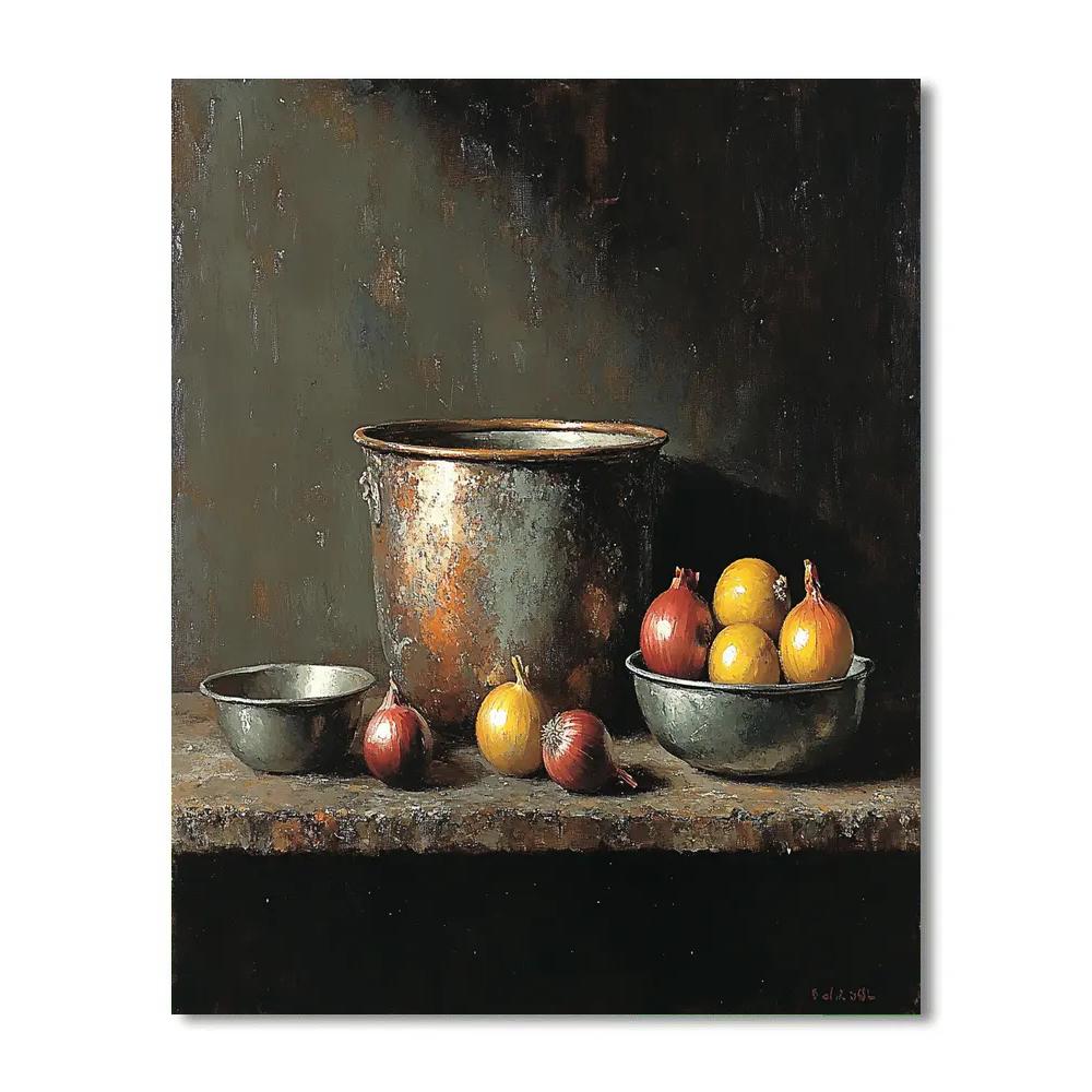 Diego Velázquez Inspired Copper Pot And Onions In Atmospheric Shadow painting number kit