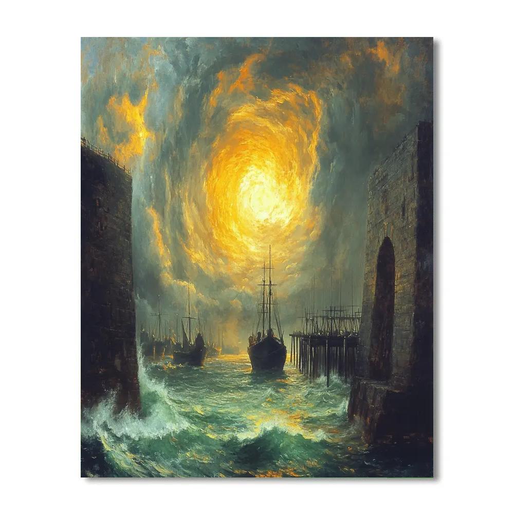 Turner Inspired Tempest Over The Harbor Number painting