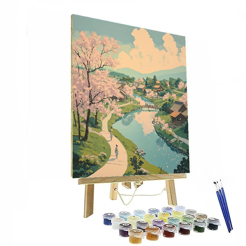 Hokusai Inspired Blossoming Riverside Village paint by numbers