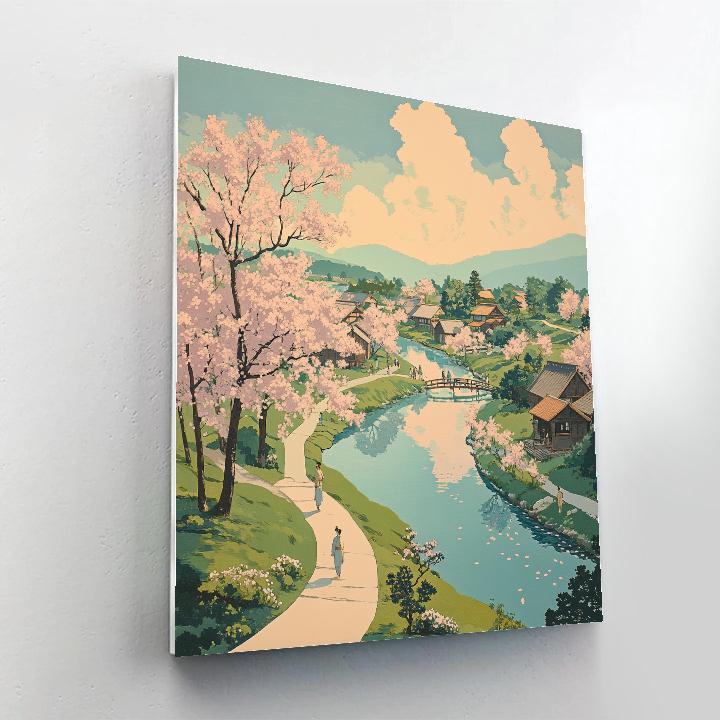 Hokusai Inspired Blossoming Riverside Village paint by numbers