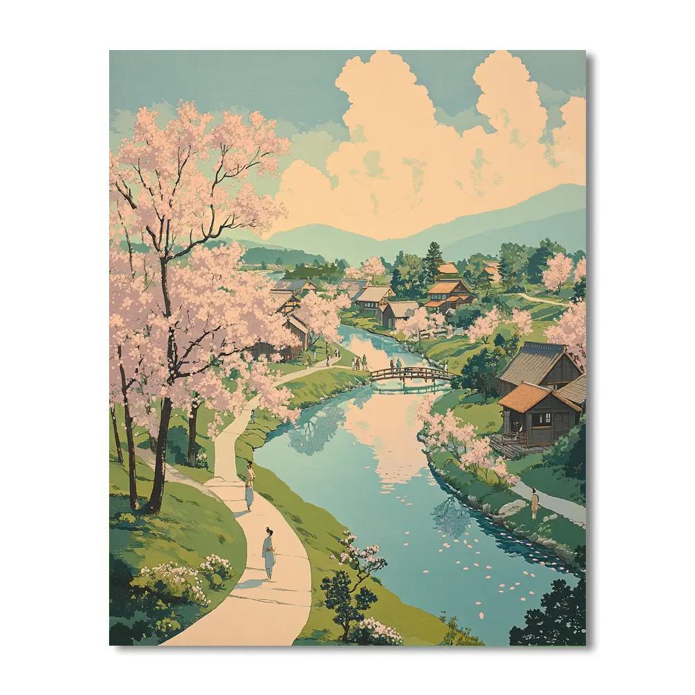 Hokusai Inspired Blossoming Riverside Village paint by numbers
