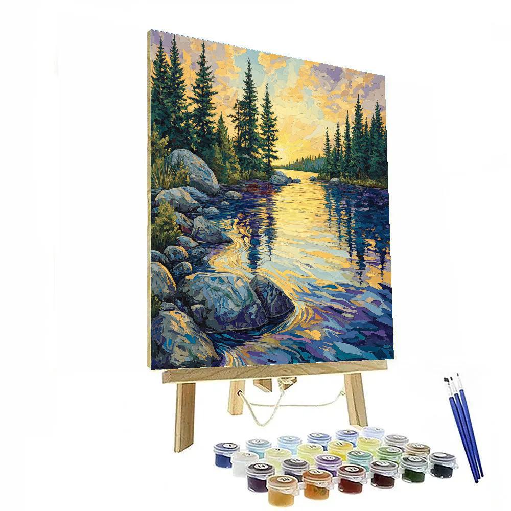 J E H MacDonald Inspired Northern Lake With Patterned Pines And Reflections painting number kit