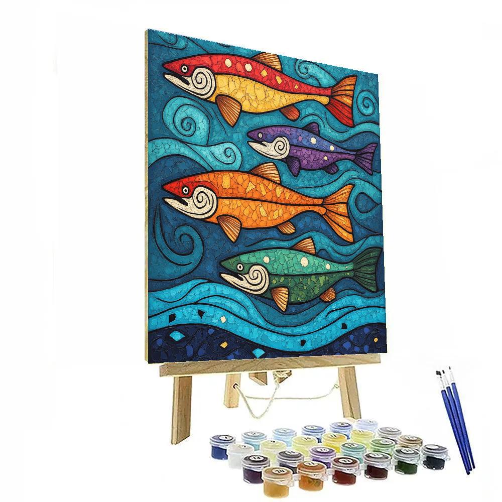 Norval Morrisseau Inspired Salmon Of The Spiral River Energy paint by number