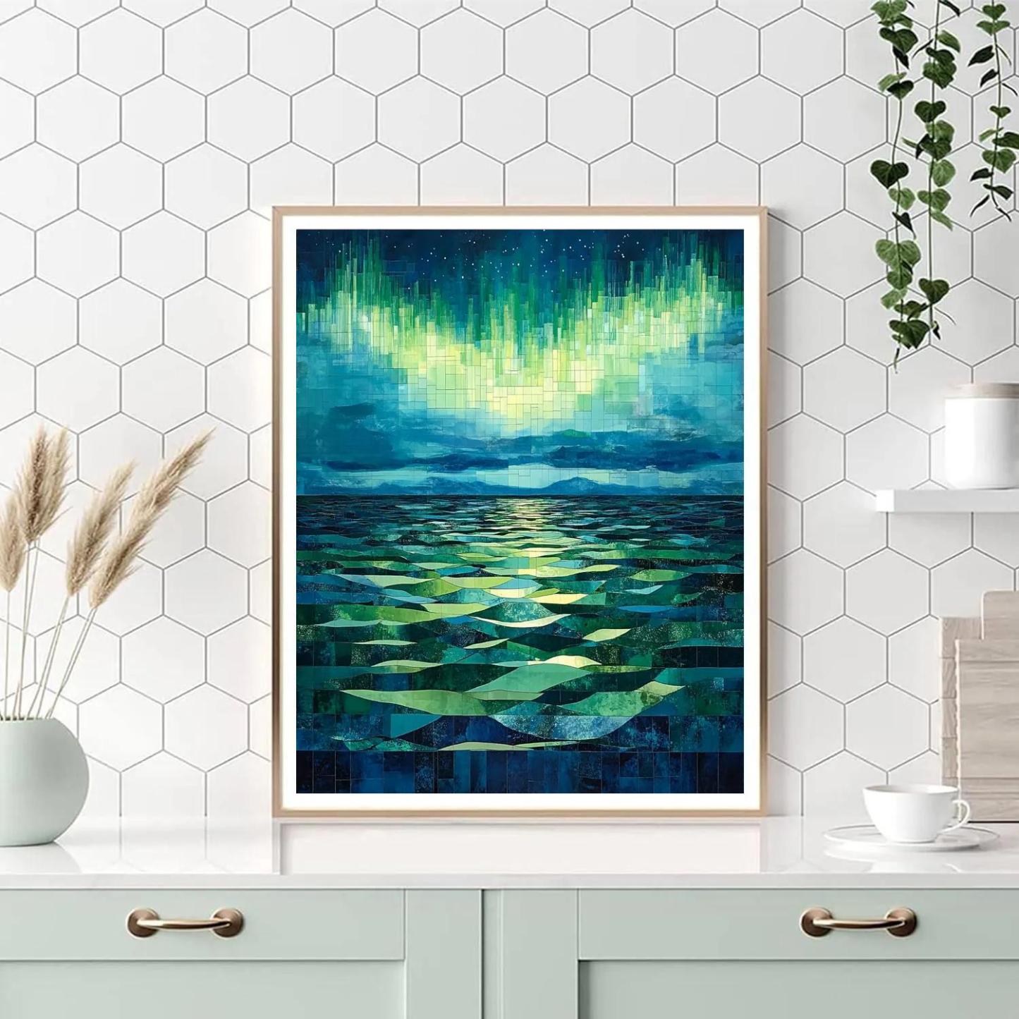 Pablo Picasso Inspired Cubist Aurora Over Geometric Sea paint by numbers