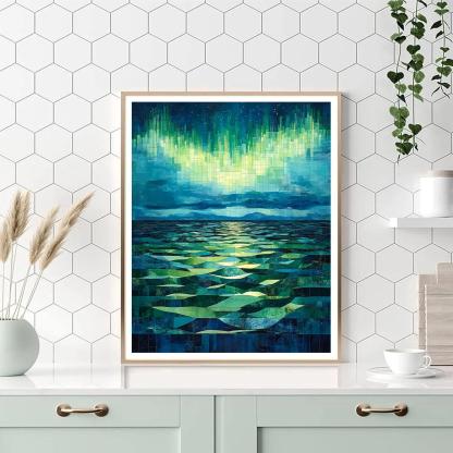 Pablo Picasso Inspired Cubist Aurora Over Geometric Sea paint by numbers