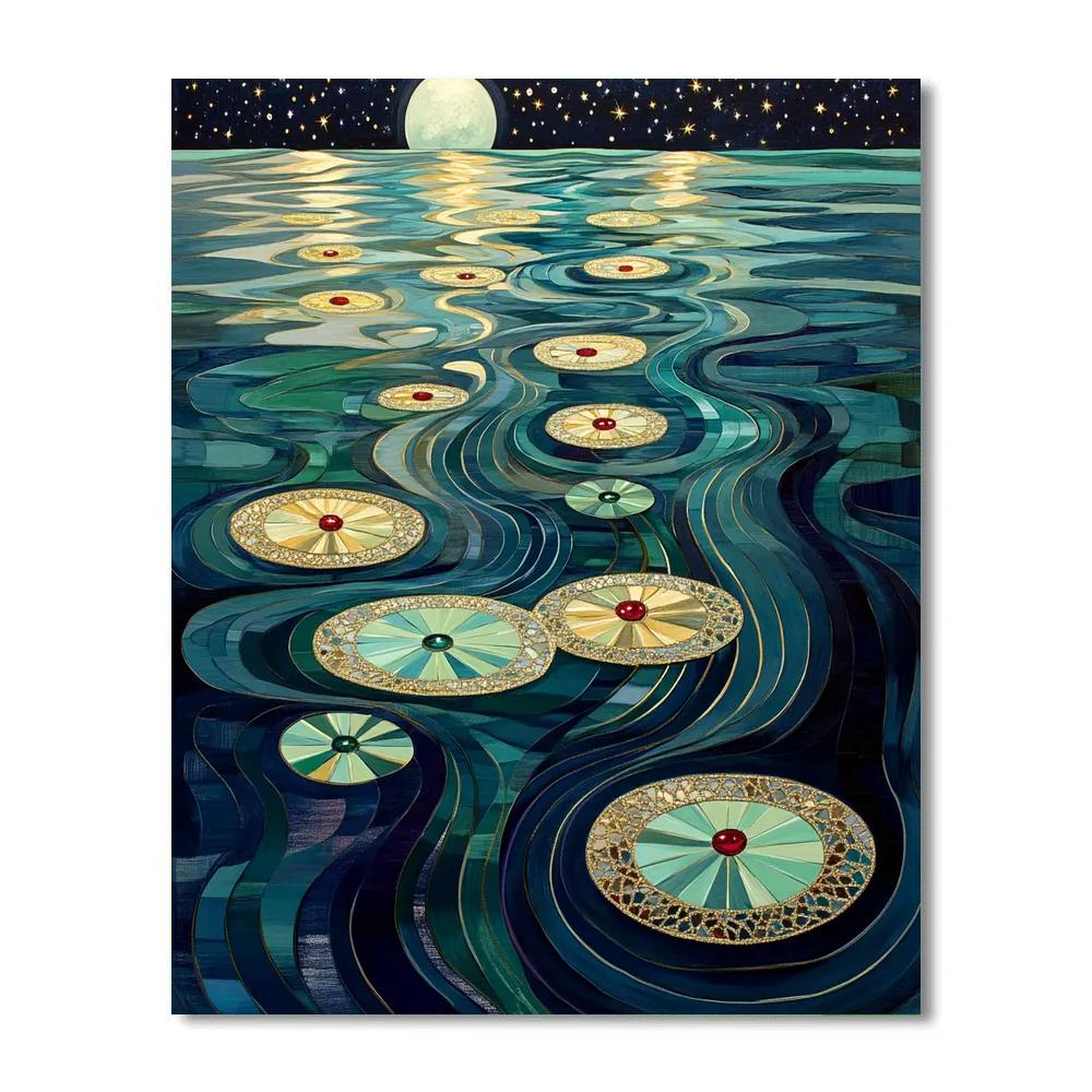 Gustav Klimt Inspired Ornamental Moonlit Lake Surface DIY paint by numbers