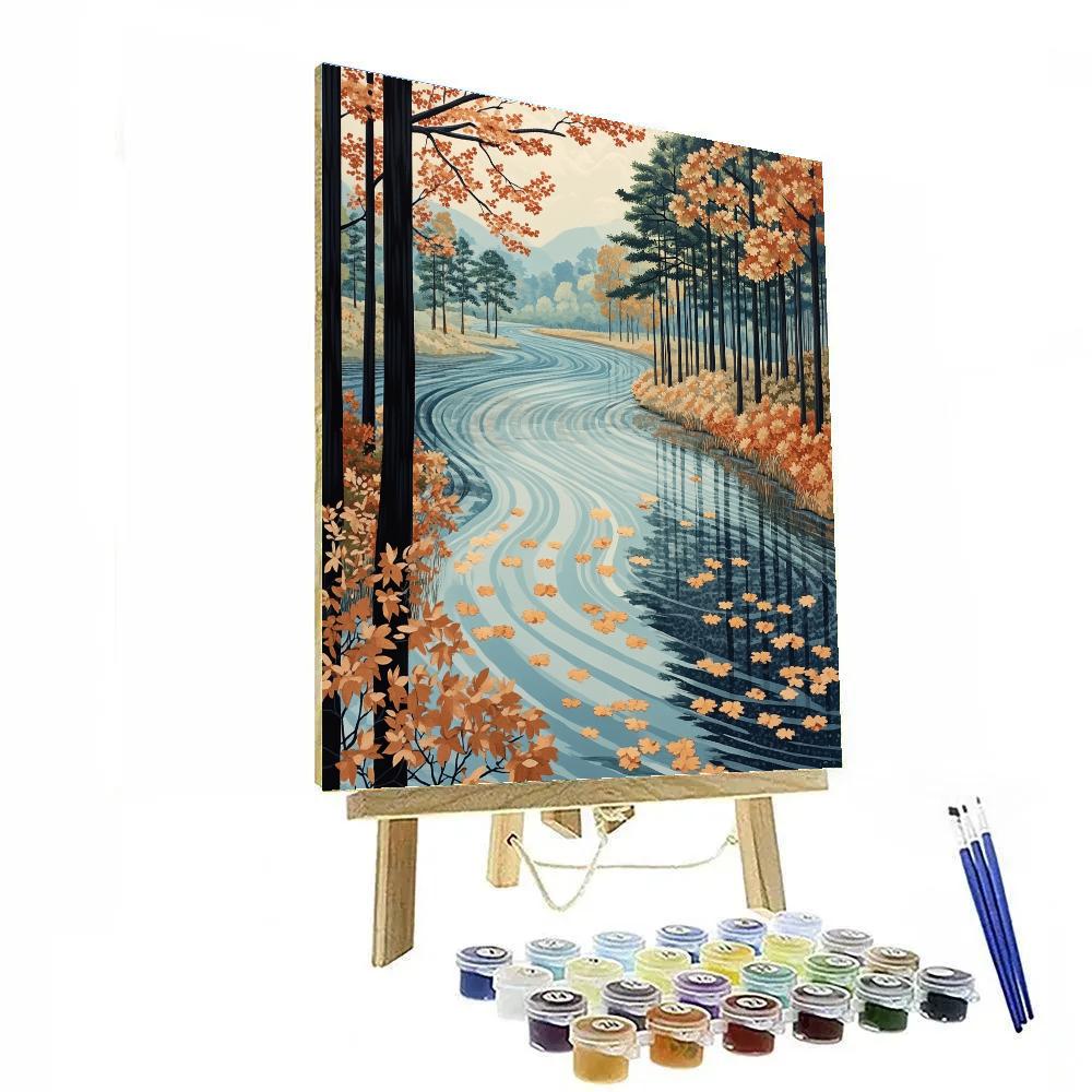 Hiroshige Inspired Autumn River Of Falling Leaves paint by number