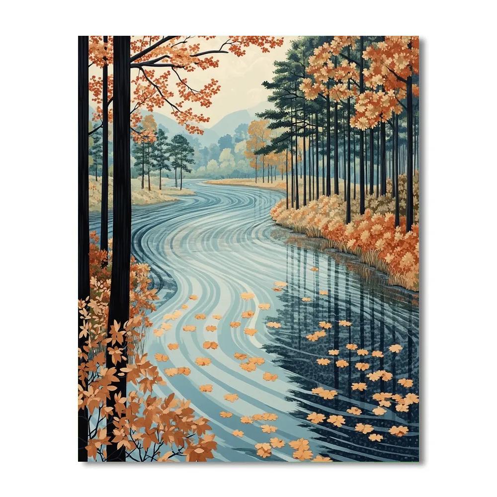 Hiroshige Inspired Autumn River Of Falling Leaves paint by number