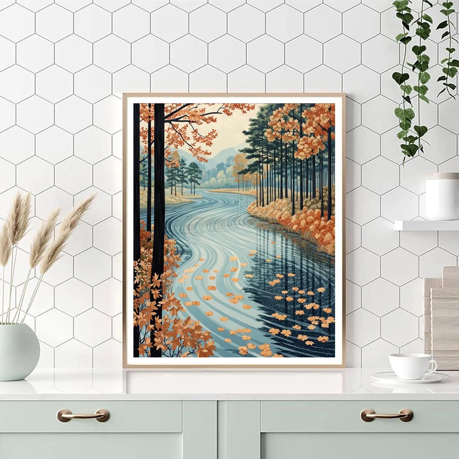 Hiroshige Inspired Autumn River Of Falling Leaves paint by number