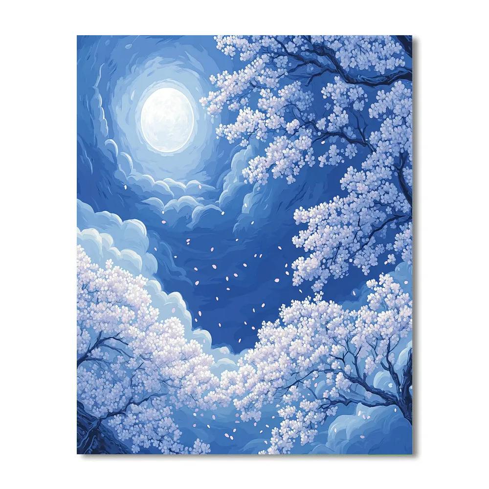Hiroshige Inspired Moonlit Cherry Blossom Breeze paint by numbers