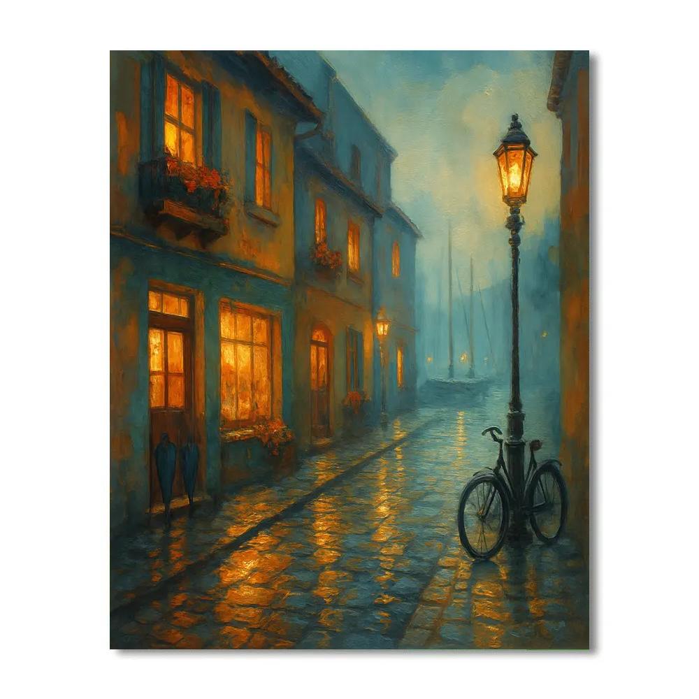 Lantern Glow Over Rainy Harbor Lane Paint by numbers kits