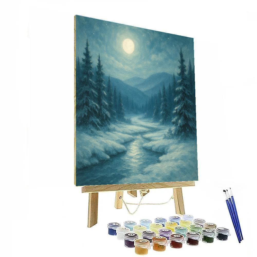 Moonlit Pines Over Frozen Valley paint by number