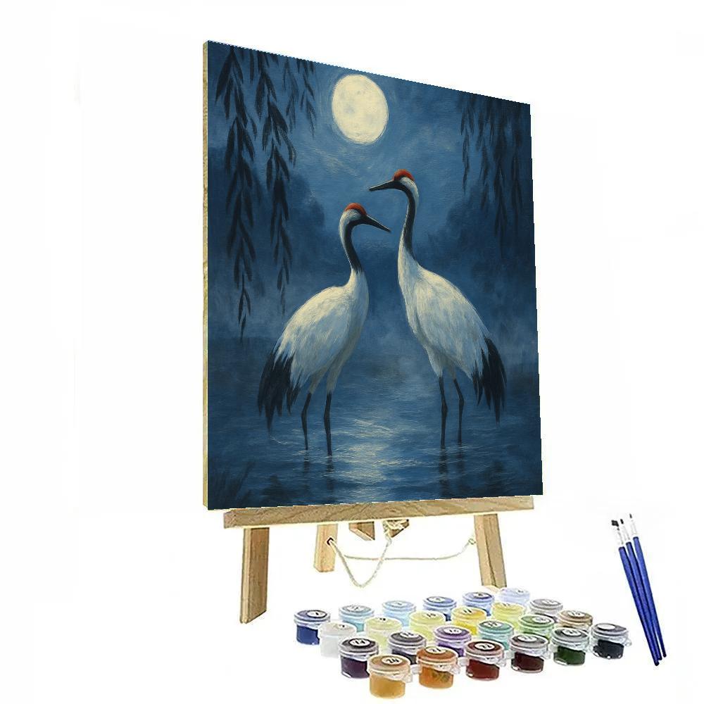 Moonlit Cranes By The Willow Pond paint by color