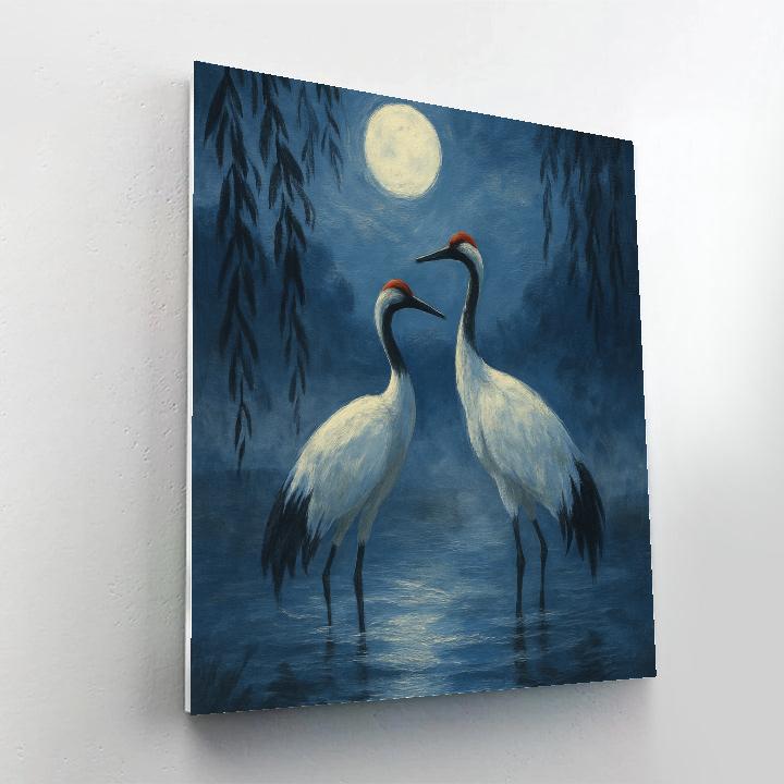 Moonlit Cranes By The Willow Pond paint by color