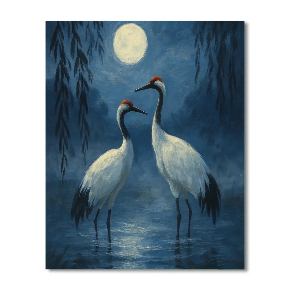 Moonlit Cranes By The Willow Pond paint by color