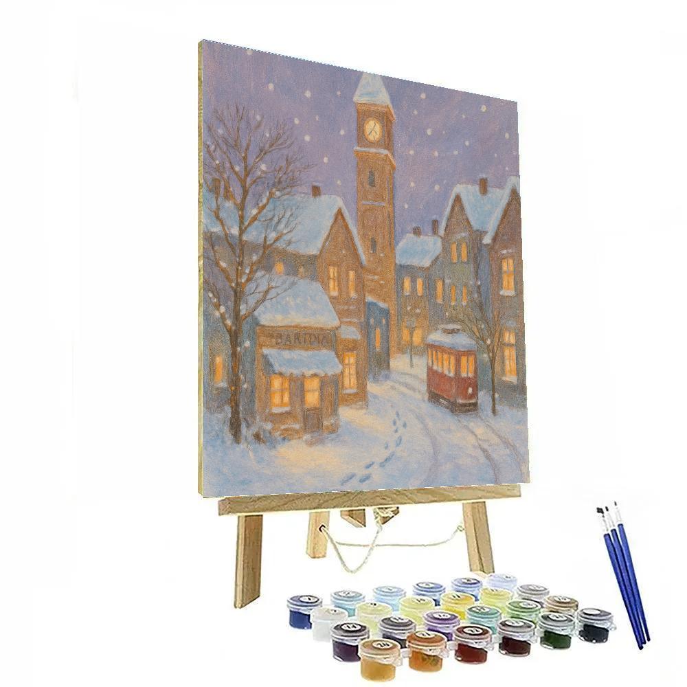 Snow Quiet Street With Clock Tower painting number kit