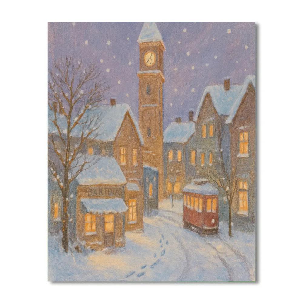 Snow Quiet Street With Clock Tower painting number kit