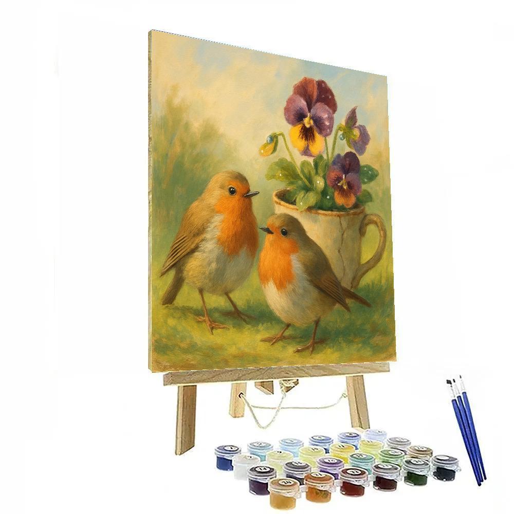 Spring Robins In The Teacup Garden paint by number