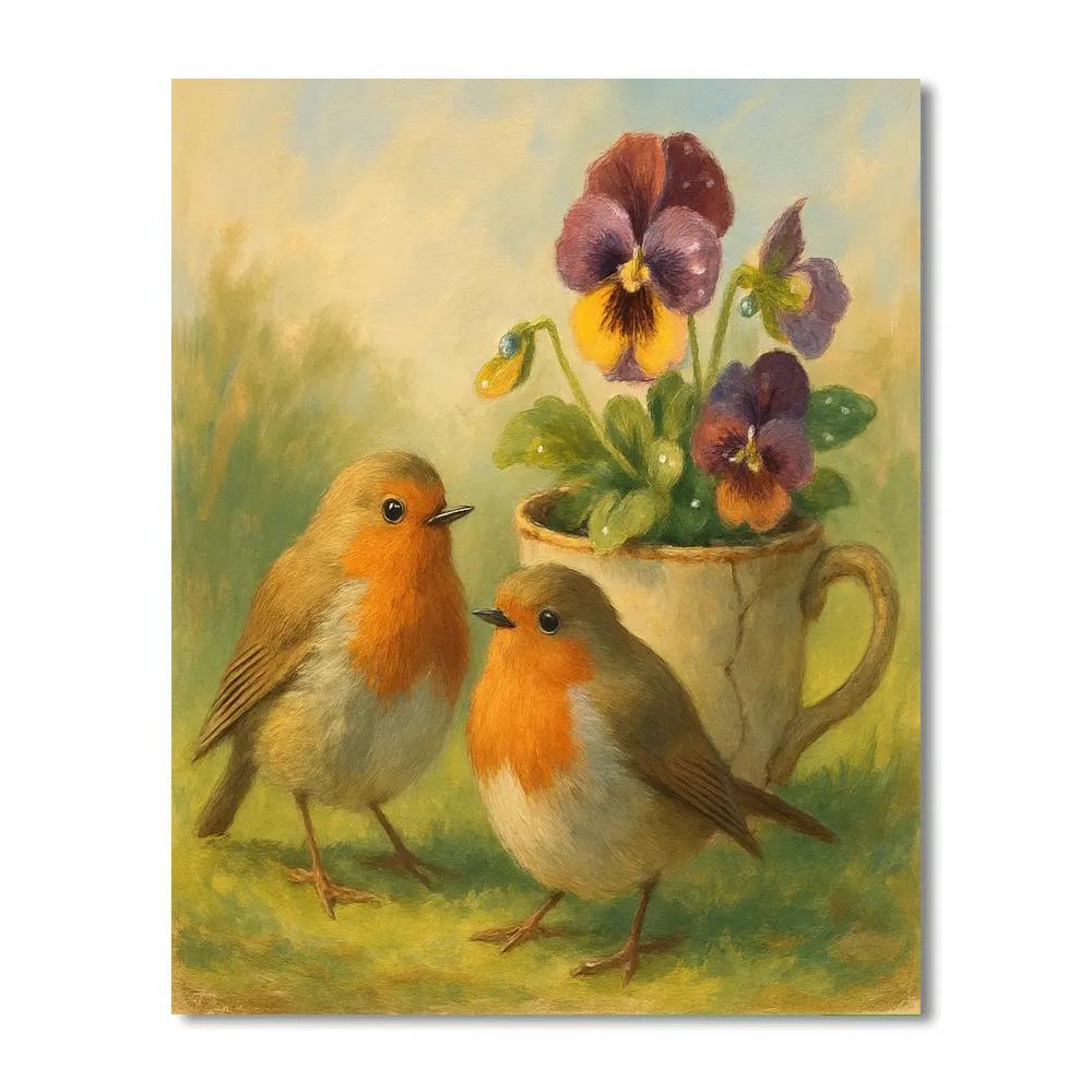 Spring Robins In The Teacup Garden paint by number