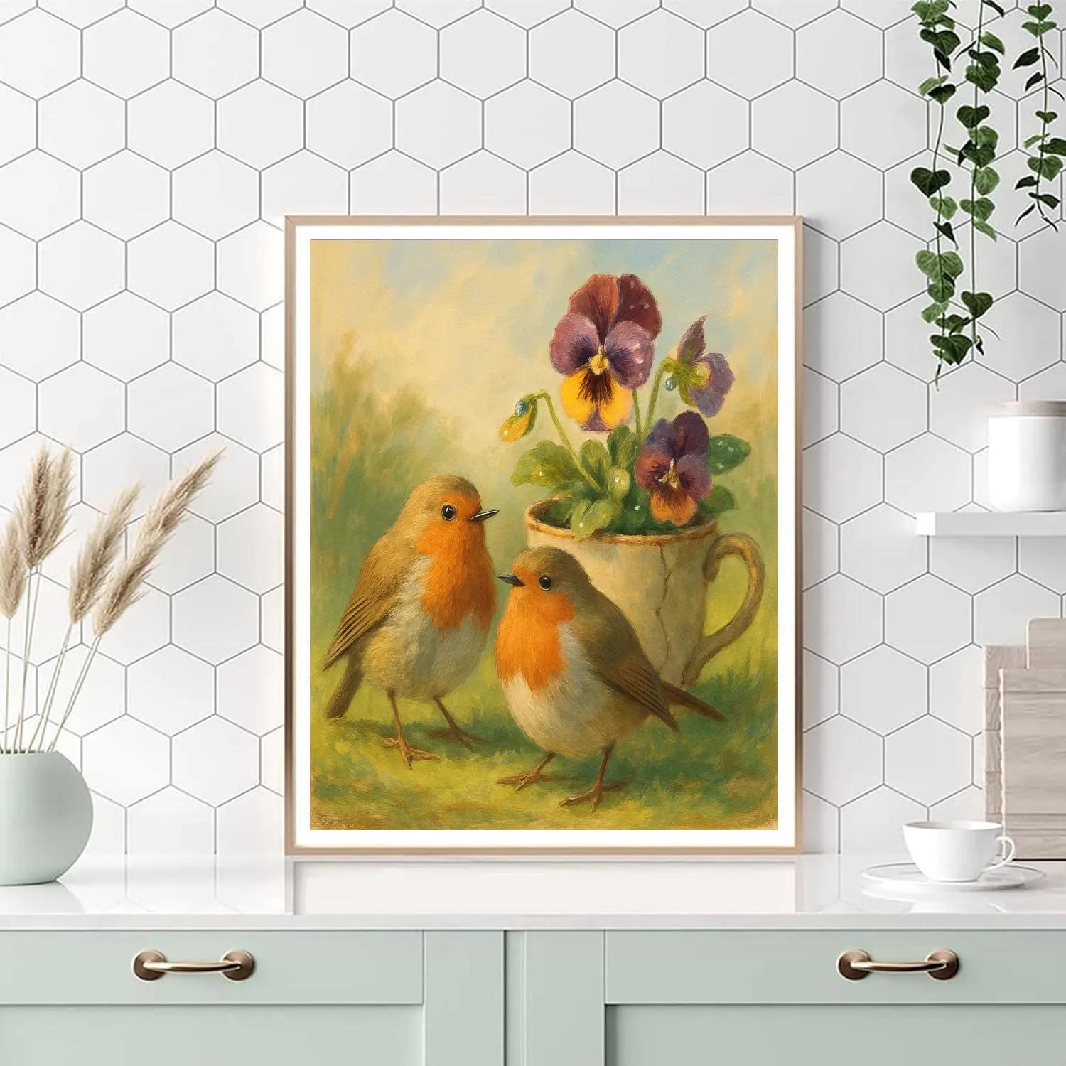Spring Robins In The Teacup Garden paint by number