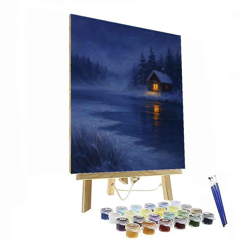 Cabin Glow Across The Winter Lake DIY paint by numbers