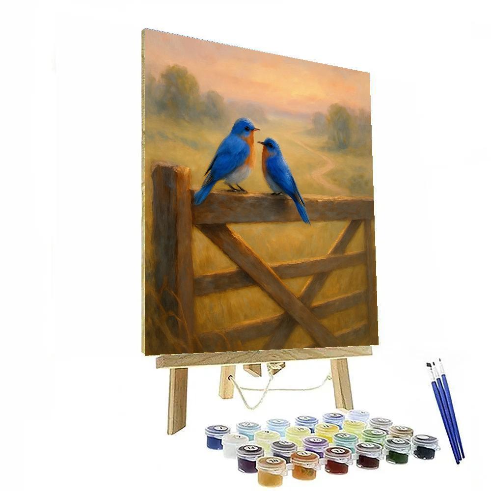 Bluebirds On The Weathered Gate At Dawn Paint by numbers art