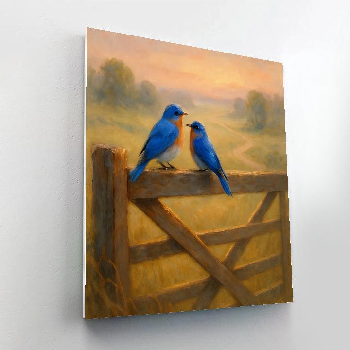 Bluebirds On The Weathered Gate At Dawn Paint by numbers art