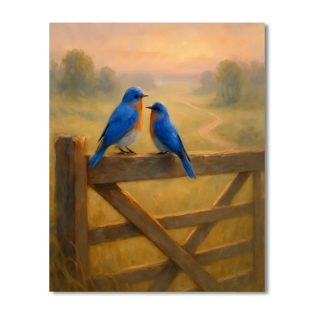 Bluebirds On The Weathered Gate At Dawn Paint by numbers art