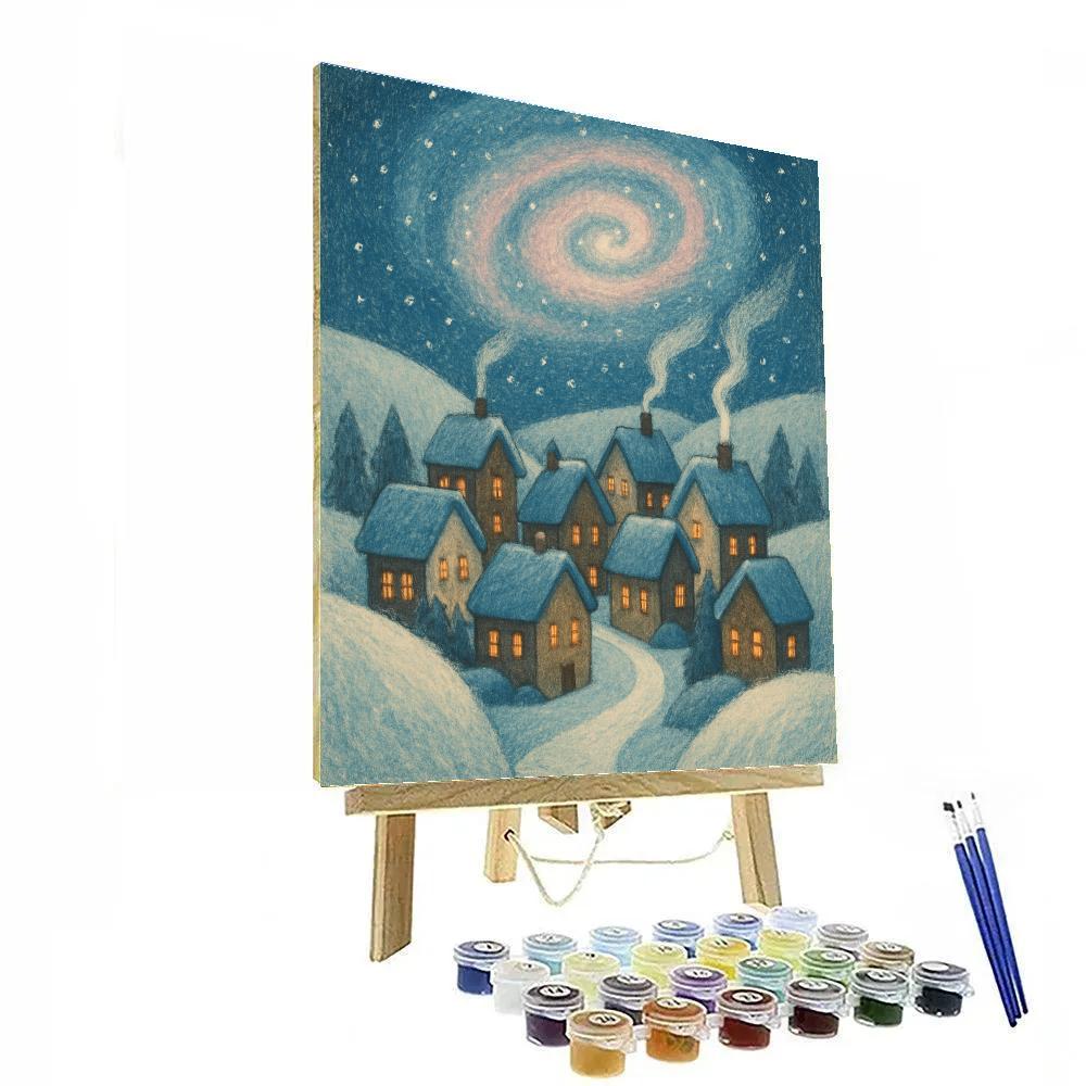 Galaxy Drift Over Snowy Village paint by number