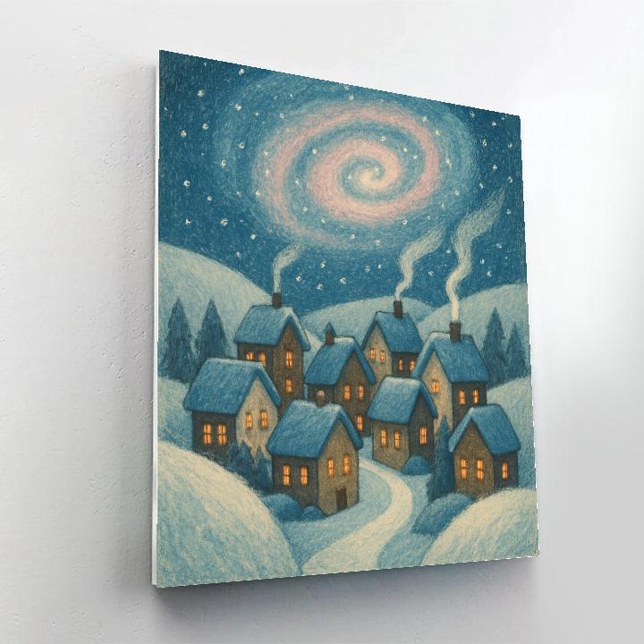 Galaxy Drift Over Snowy Village paint by number