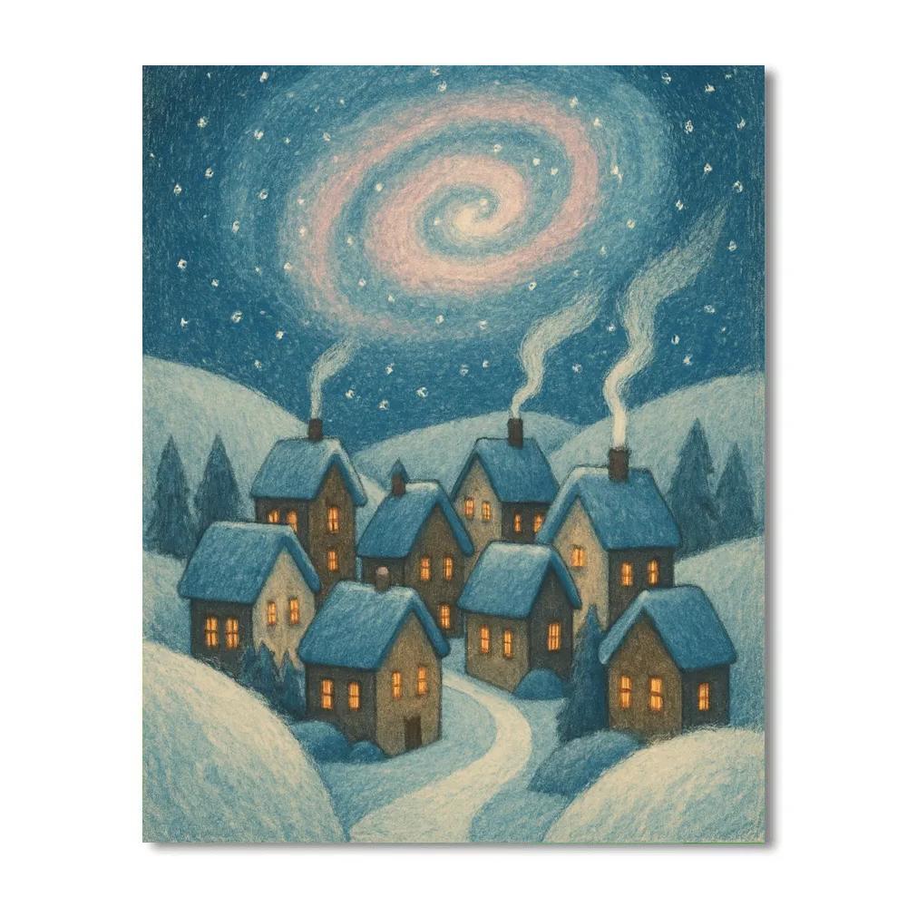 Galaxy Drift Over Snowy Village paint by number