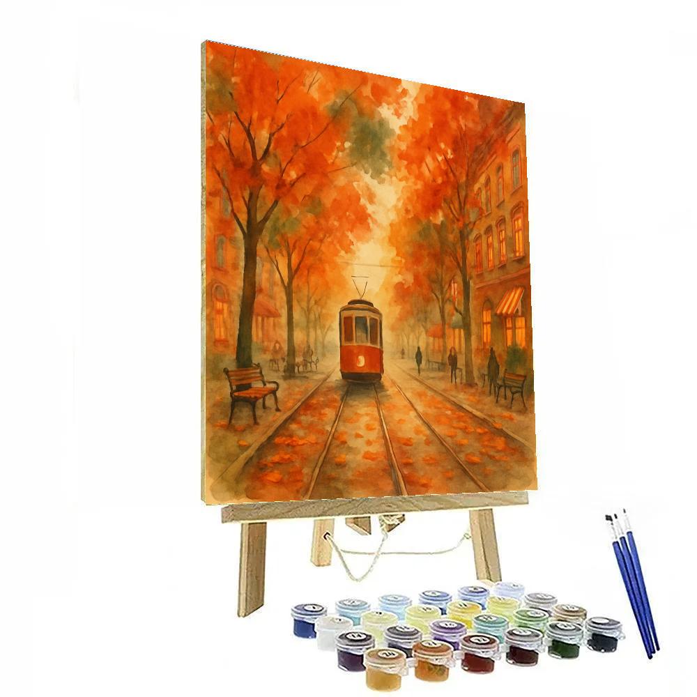 Autumn Streetcar Through Leafy Boulevard Number painting